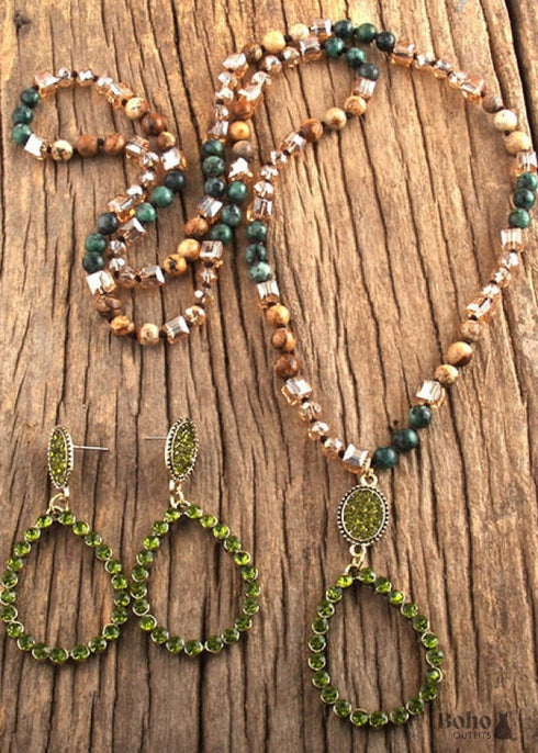 Boho Necklace, Jewelry Set, RH Amazonite Crystal Green Black Natural Stone